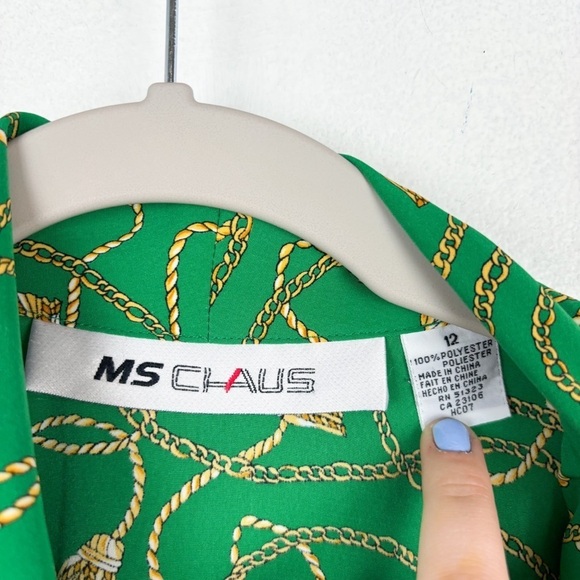 Vintags 80s Ms Chaus Green Gold Chain Print Midi Dress Sz 12 - Picture 6 of 10